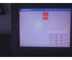 Terminal punto de venta con pantalla touch, cajón de dinero, impresora, lector de códigos.